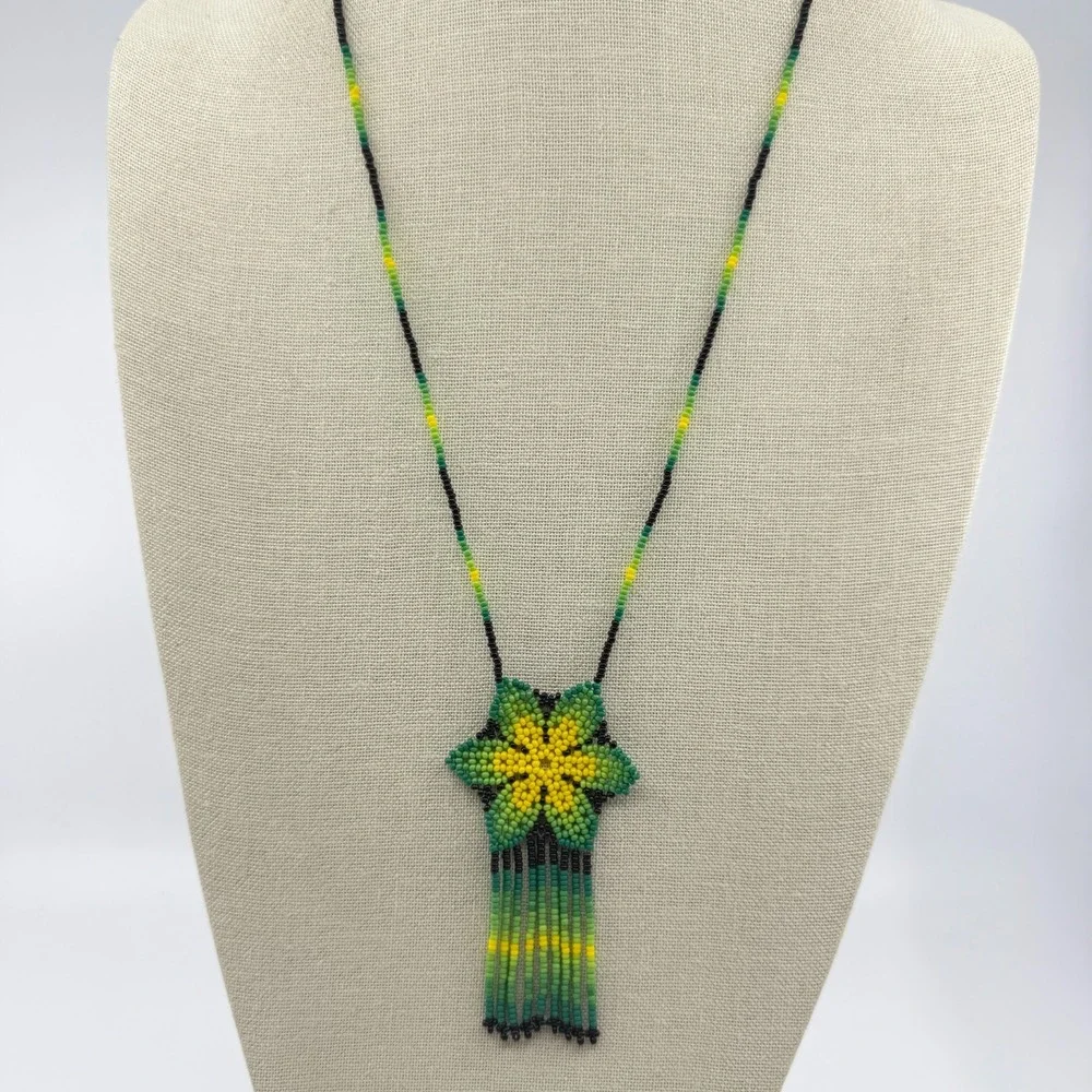 Necklace Green Yellow Seed Bead Floral Fringe Vintage Boho Artisan Statement Bib